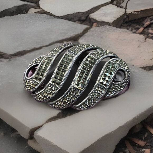 JUDITH JACK BROOCH pin STERLING SILVER MARCASITE HEMATITE NOUVEAU DECO 925 - Picture 1 of 3
